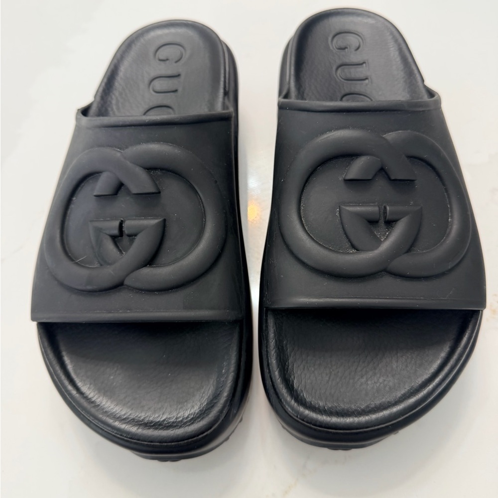 Gucci Black Platform Rubber GG Slide Sandals Size 38